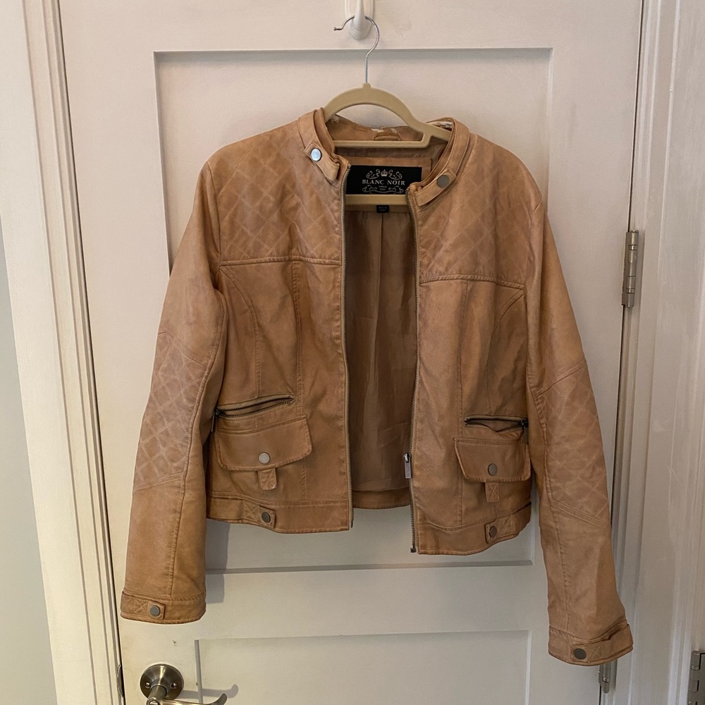Blanc Noir Tan Leather Moto Jacket Sz L
